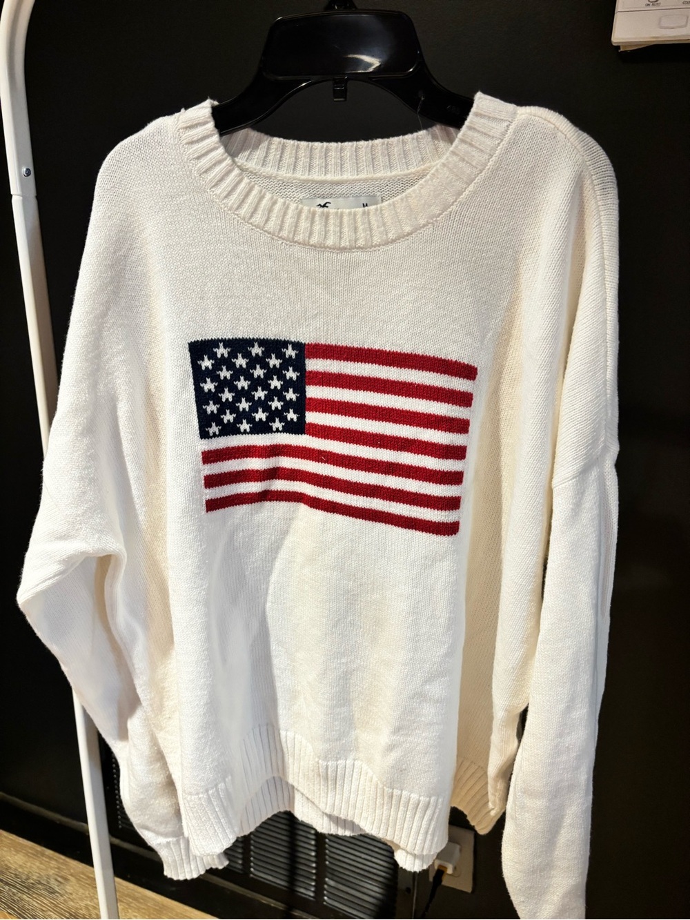 Hollister Cream Crewneck Sweater with American Flag